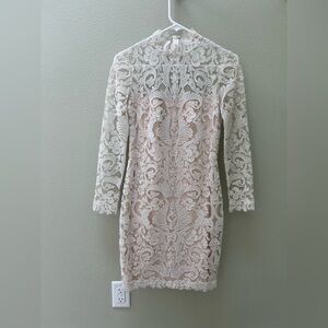 Tadashi Shoji Tan Gold Sheath Dress Mock Neck 3/4 Sleeve